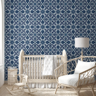 Blue Portuguese Azulejos Floral Tile Pattern Wallpaper