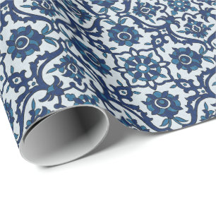 Blue Portuguese Azulejos Floral Tile Pattern Wrapping Paper