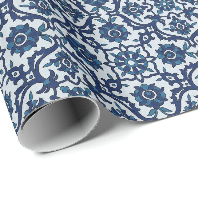 Blue Portuguese Azulejos Floral Tile Pattern Wrapping Paper (Roll Corner)