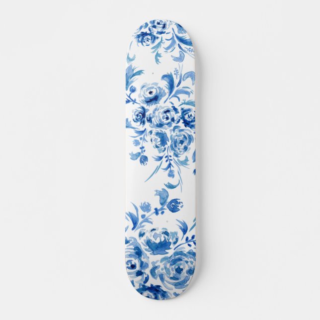 Blue Portuguese Floral Pattern Skateboard (Front)
