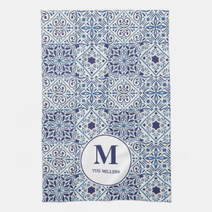 Blue Portuguese Tiles Monogrammed Tea Towel
