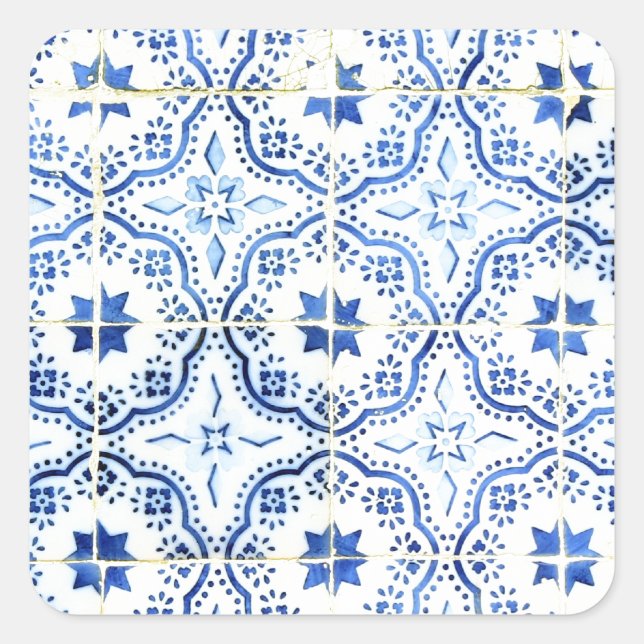 Blue, Portuguese Tiles Square Sticker (Front)