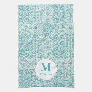 Blue Portuguese Tiles Turquoise Monogrammed Tea Towel