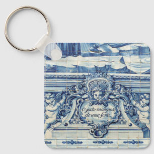 Blue Portuguese Tiles with two angels Key Ring