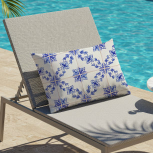 Blue Portuguese Vintage Mosaic Tile Pattern Lumbar Cushion