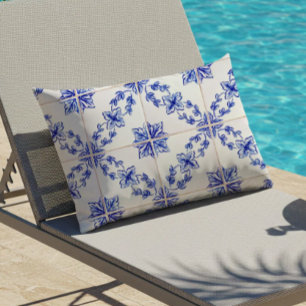 Blue Portuguese Vintage Mosaic Tile Pattern Lumbar Cushion