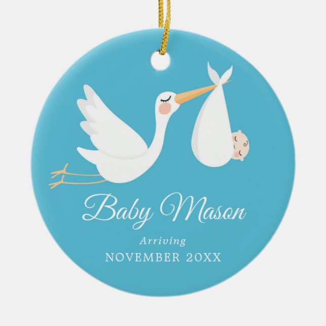 Blue Pregnancy Announcement Baby Boy Ceramic Ornament (Front)