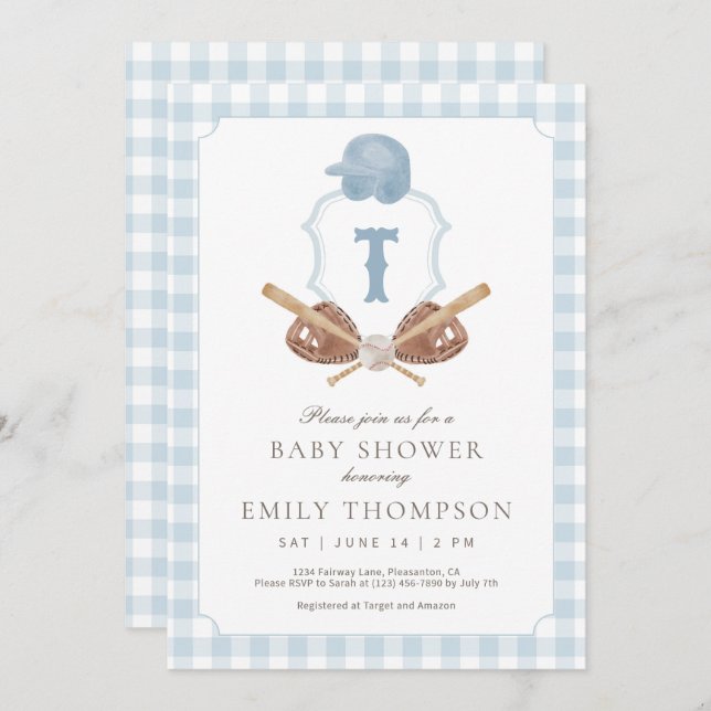 Blue Preppy Baseball Crest Baby Shower Invitation (Front/Back)