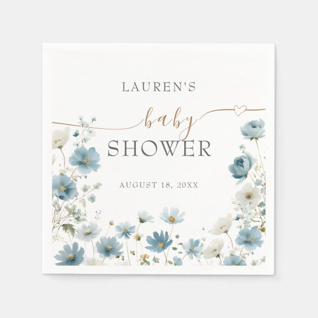 Blue Preppy Flowers Watercolor Baby Shower Napkin (Front)