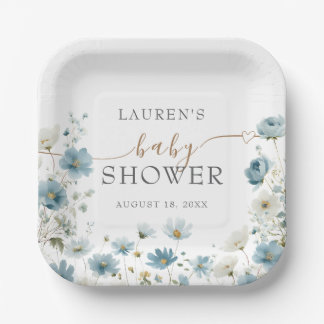 Blue Preppy Flowers Watercolor Baby Shower Paper Plate