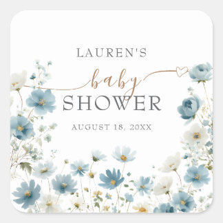 Blue Preppy Flowers Watercolor Baby Shower Square Sticker