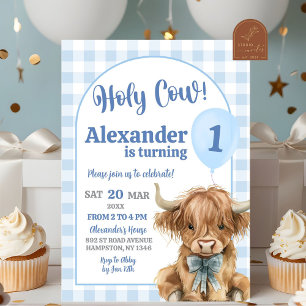 Blue Preppy Gingham Cow Boy First Birthday Invitation