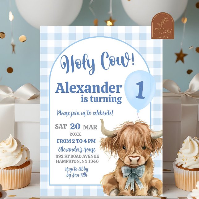 Blue Preppy Gingham Cow Boy First Birthday Invitation (Creator Uploaded)