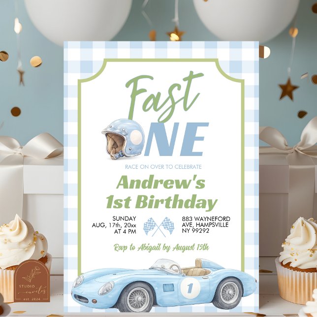 Blue Preppy Retro Fast ONE Birthday Invitation (Creator Uploaded)