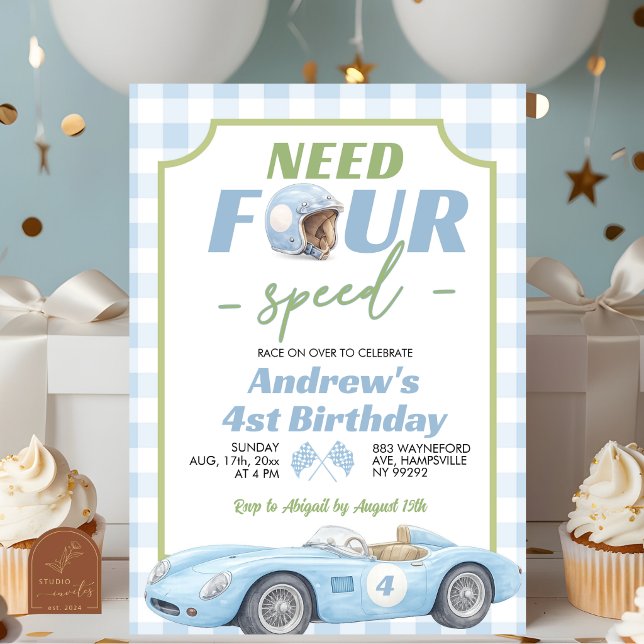 Blue Preppy Retro Need Four Speed Birthday Inv Invitation (Creator Uploaded)