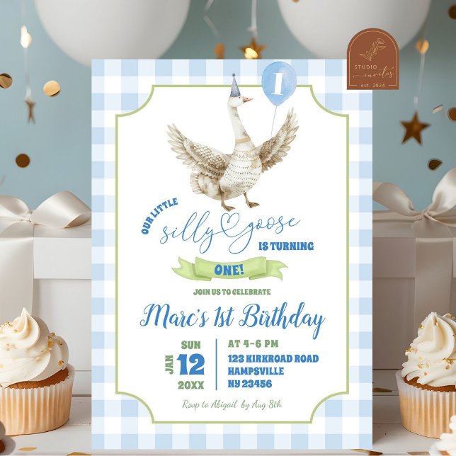Blue Preppy Silly Goose First Birthday Invitation (Creator Uploaded)