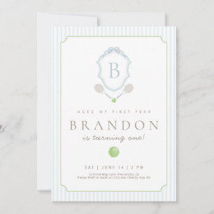 Blue Preppy Tennis Crest 1st Birthday invite