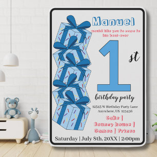 Blue Present 1st Birthday Party Kids Invitation