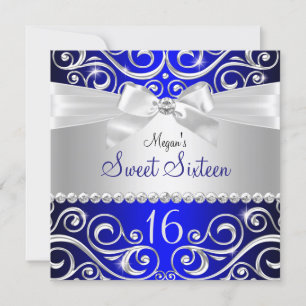Blue Pretty Diamond bow & Sparkle Swirl Sweet 16 Invitation