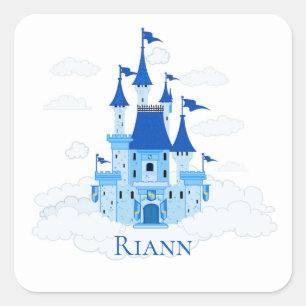 Blue Princess Castle Personalised Girly Square Sticker