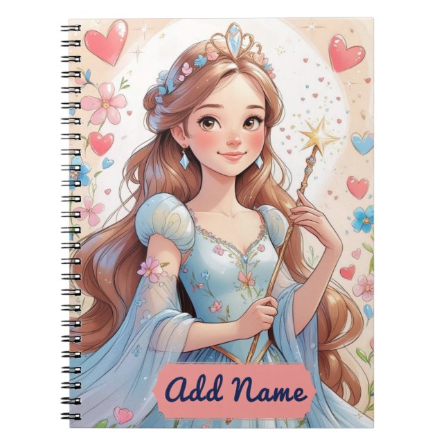 Blue Princess Notebook – Editable Name (Front)