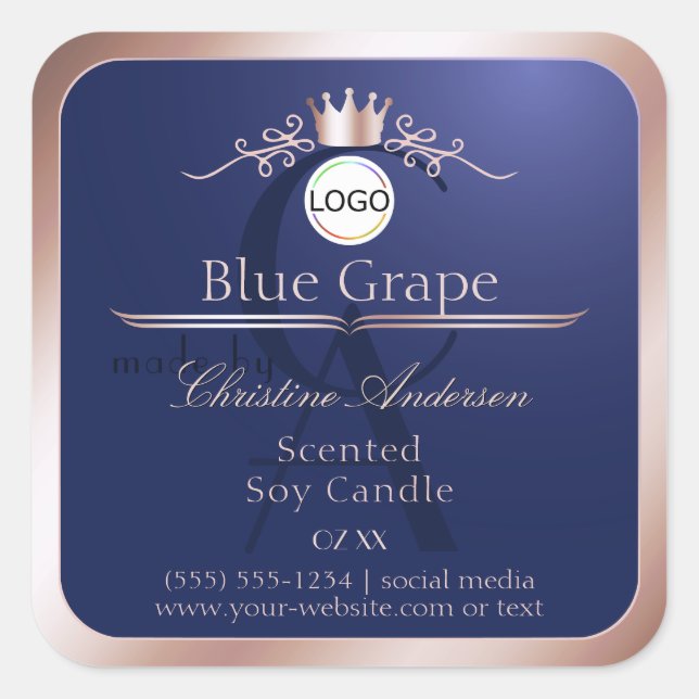 Blue Product Label Rose Gold Frame Logo Monogram (Front)