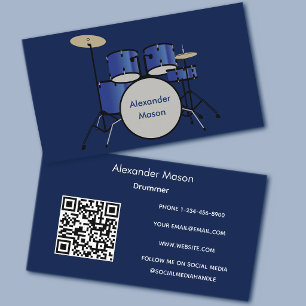 Blue Professional Musician Drummer QR Code Business Card