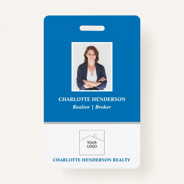 Blue Professional Real Estate Agent Photo Badge ID Badge (Front)