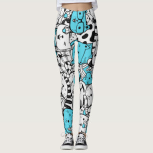 Blue Psychedelic Cat Kitten Illustration Abstract Leggings