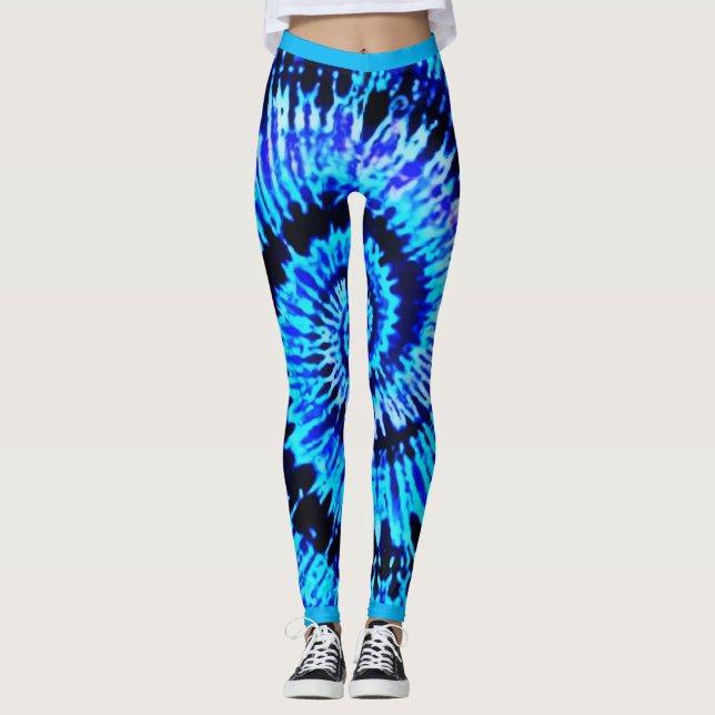 Blue Psychedelic Tie Dye Pattern Yoga Leggings (Front)