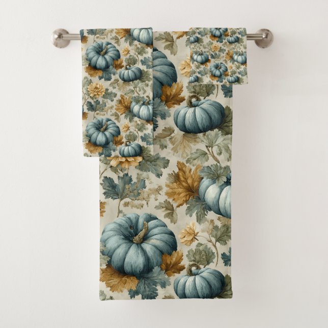 Blue Pumpkin and Autumn Leaves Fall Pattern Bath Towel Set (Insitu)