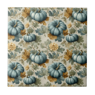 Blue Pumpkin and Autumn Leaves Fall Pattern Ceramic Tile