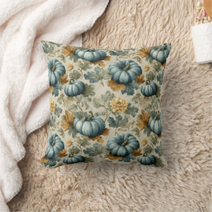 Blue Pumpkin and Autumn Leaves Fall Pattern Cushion