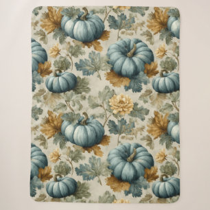 Blue Pumpkin and Autumn Leaves Fall Pattern Sherpa Blanket