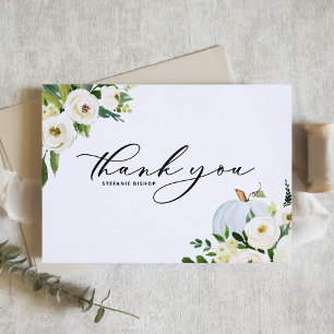 Blue Pumpkin and Greenery Autumn Baby Shower Thank You Card