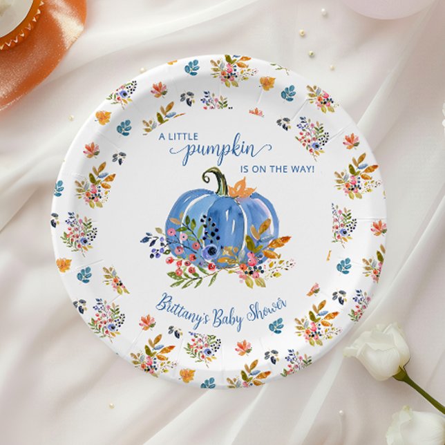 Blue Pumpkin Autumn Whimsical Baby Shower Paper Plate (Creator Uploaded)