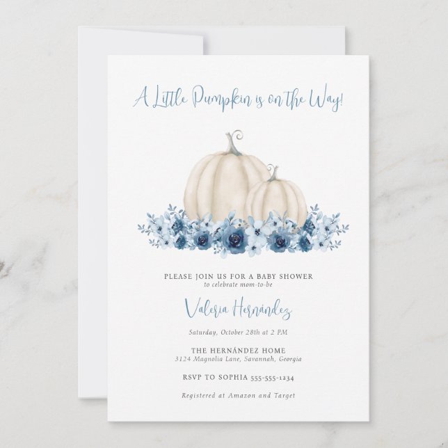 Blue Pumpkin Bilingual Spanish English Baby Shower Invitation (Front)