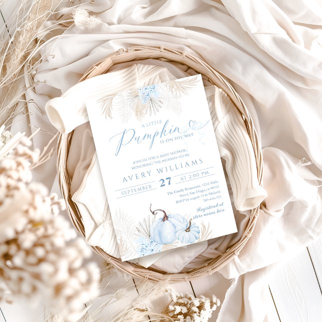 Blue Pumpkin Bow Boho Floral Boy Baby Shower Invitation (Creator Uploaded)