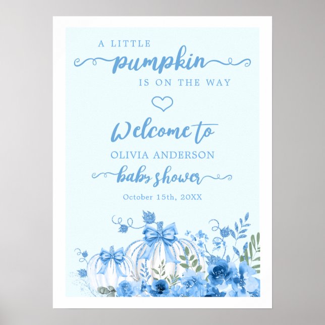 Blue Pumpkin Bow Boy Baby Shower Welcome Poster (Front)