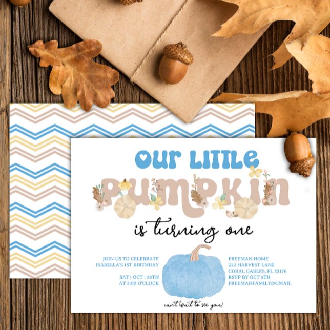 Blue Pumpkin Boy First Birthday Invite (Blue pumpkin birthday party invitation)