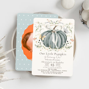 Blue Pumpkin Butterfly & Wildflower 1st Birthday Invitation