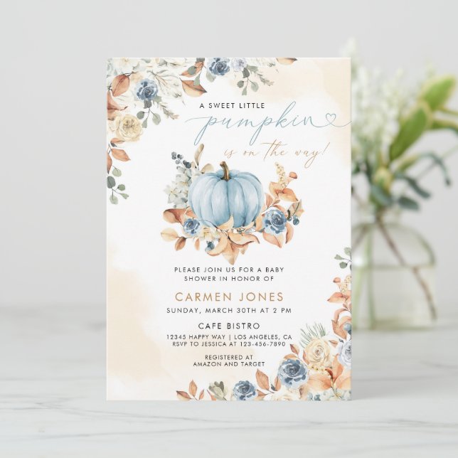 Blue Pumpkin Fall Baby Shower Gender Neutral Invitation (Standing Front)