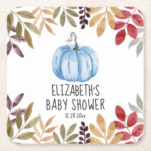 Blue Pumpkin Fall Baby Shower Square Paper Coaster