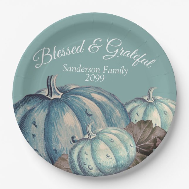  Blue Pumpkin Fall Party Grateful Blessed  Paper Plate (Front)