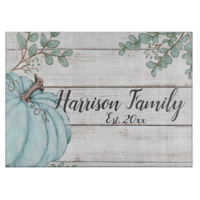 Blue Pumpkin Farmhouse Fall Family Name Year Est Cutting Board (Front)
