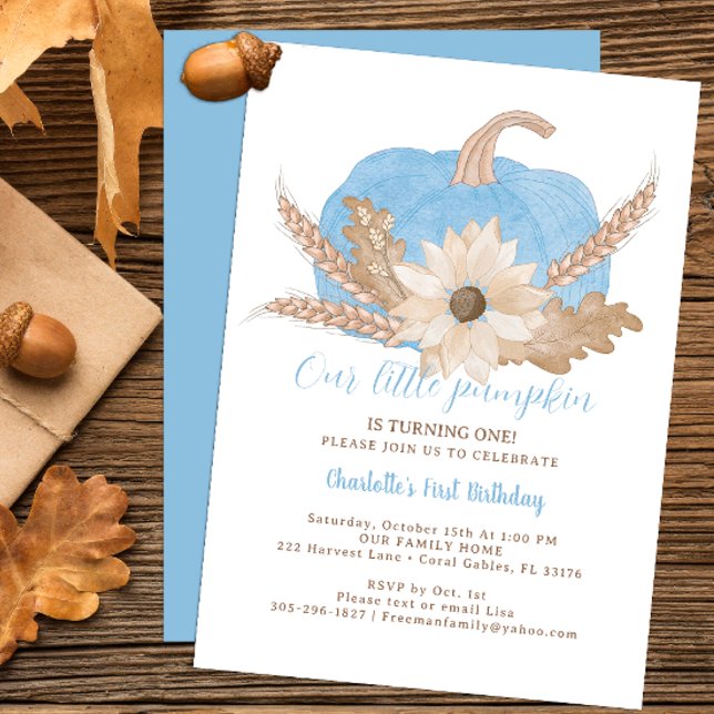 Blue Pumpkin First Birthday Invite (blue pumpkin fall birthday party invitation)