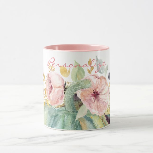 Blue pumpkin floral fall watercolor elegant autumn mug (Center)