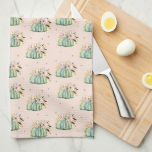 Blue pumpkin floral fall watercolor elegant autumn tea towel