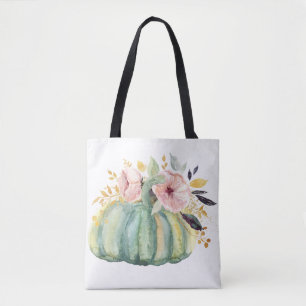 Blue pumpkin floral fall watercolor elegant autumn tote bag