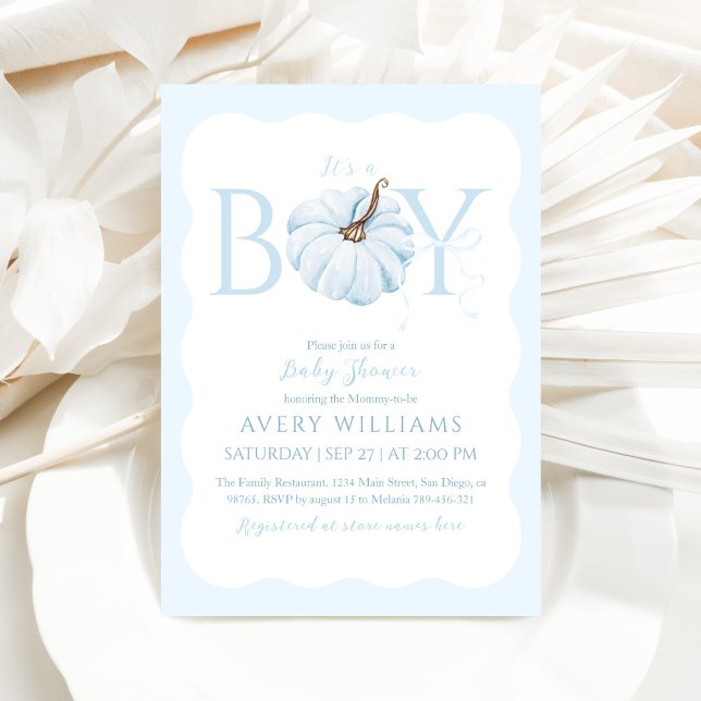Blue Pumpkin It's a Boy Modern Fall Baby Shower Invitation (Creator Uploaded)